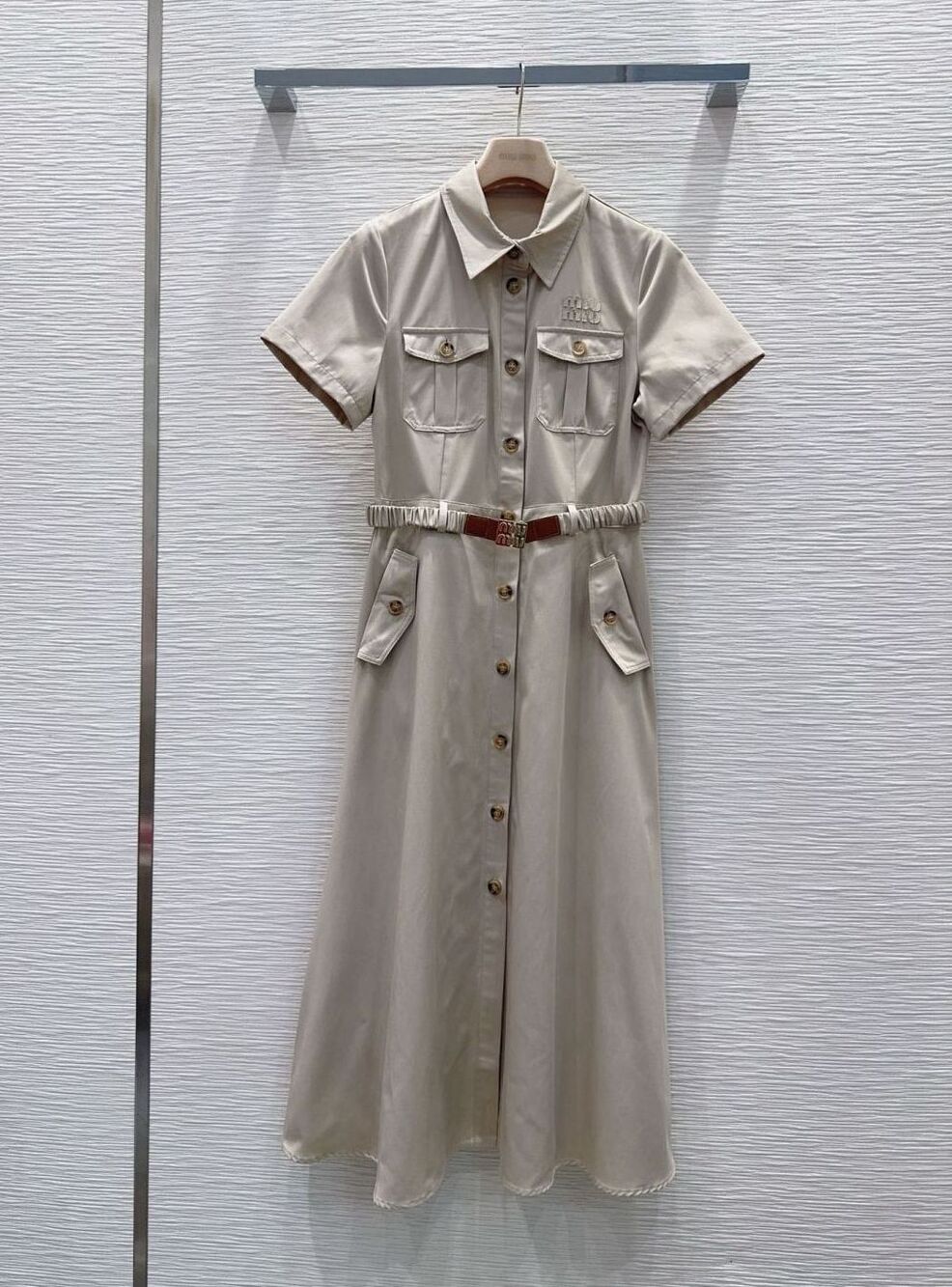 🥼Miu Miu Beige Cotton Safari Belted Shirt Midi Dress